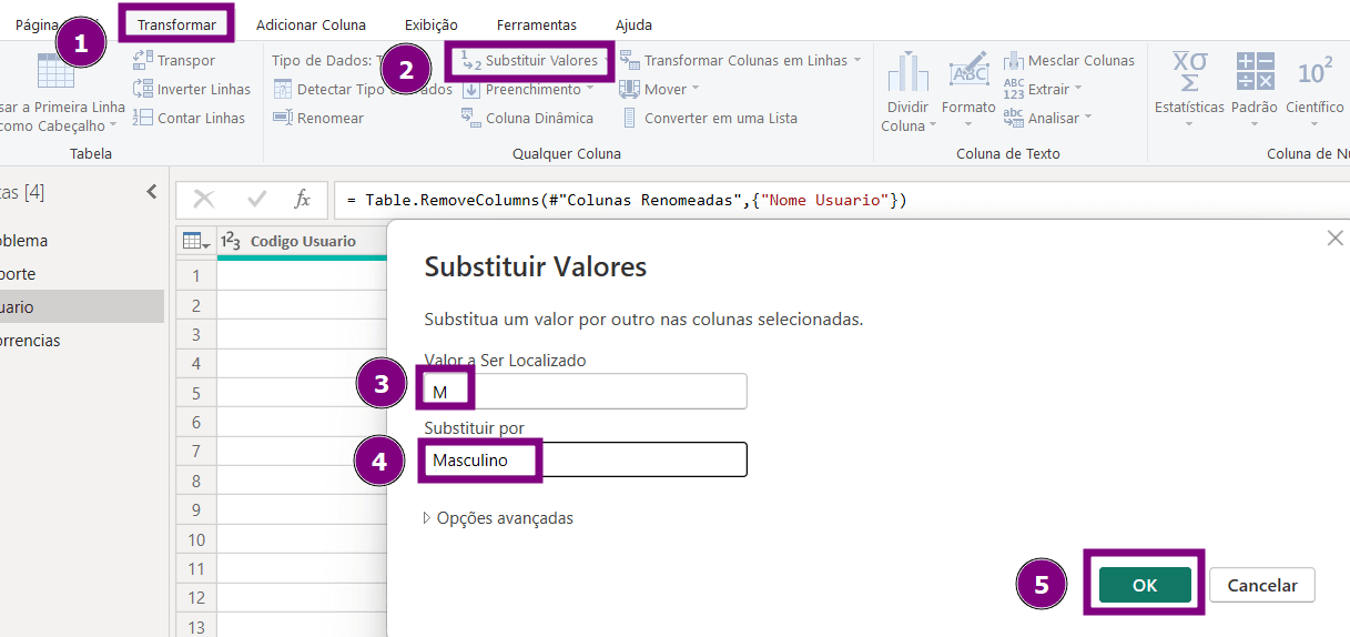 Tela do Power Query na guia “Transformar”, com a opção “Substituir Valores” selecionada. A janela “Substituir Valores” mostra a substituição do valor “M” por “Masculino” em uma coluna, com campos preenchidos e o botão “OK” destacado para confirmar a alteração