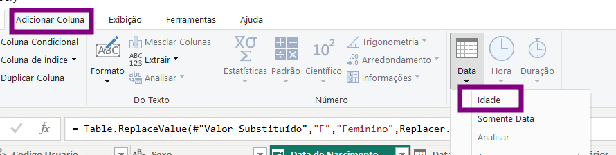 Tela do Power Query no Excel com a guia Adicionar Coluna selecionada, a coluna Data de Nascimento destacada e o menu de tipo de dados exibindo a opção Data, indicando a conversão da coluna para formato de data