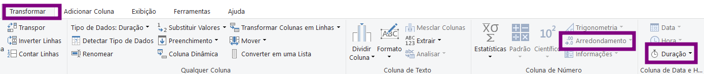 Faixa de opções do Power Query no Excel com a guia Transformar ativa, exibindo ferramentas de colunas, estatísticas e trigonometria, com o tipo de dados Duração destacado para conversão de valores
