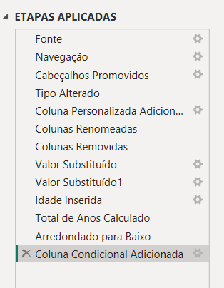 Painel Etapas Aplicadas do Power Query exibindo a sequência de transformações do conjunto de dados, com a etapa Coluna Condicional Adicionada selecionada no final da lista