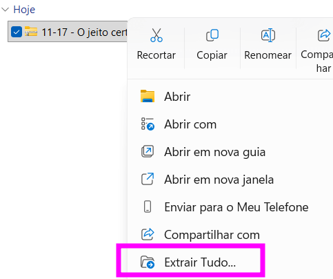 Menu de contexto do Explorador de Arquivos do Windows em português, exibido ao clicar com o botão direito em um arquivo compactado, com a opção “Extrair Tudo...” destacada em rosa na parte inferior do menu