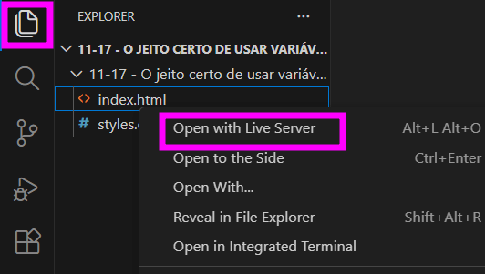 Explorador de arquivos do Visual Studio Code em tema escuro, com o arquivo index.html selecionado e o menu de contexto aberto, destacando a opção “Open with Live Server” em um retângulo rosa