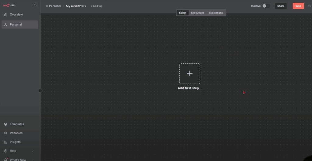 Captura da tela inicial do n8n com o botão "Create Workflow" destacado.