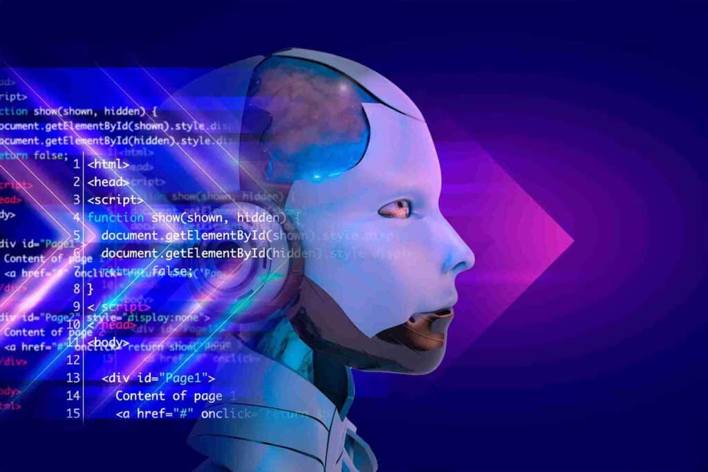 Ilustração de robô com interface futurista e códigos, simbolizando inteligência artificial avançada.