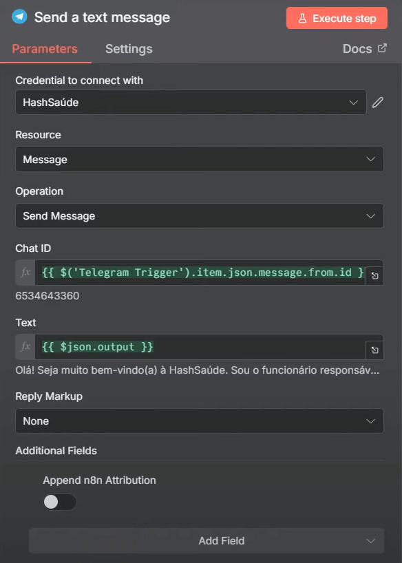 Tela de configuração dos parâmetros da Telegram para usar o envio de mensagens de texto