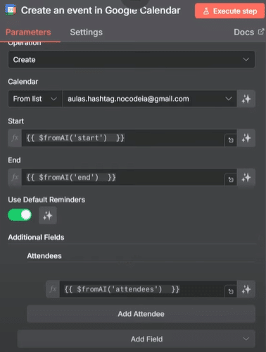 Tela das configurações dos parâmetros da ferramenta Google Calendar dentro do n8n