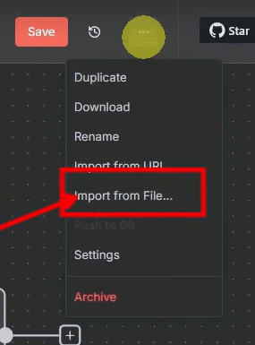 Tela do n8n com o botão de mais opções clicado e a opção Import from file em destaque