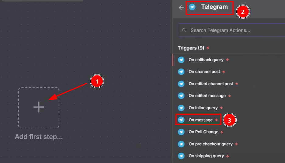 Tela do n8n indicando uma sequência de passos. Inicialmente clique no botão add first step, em seguida busque pela palavra Telegram e por fim, selecione a opção on message
