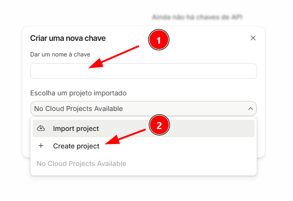 Formulário para a criação da chave de API, com os campos de nome da chave e a opção create project em destaque