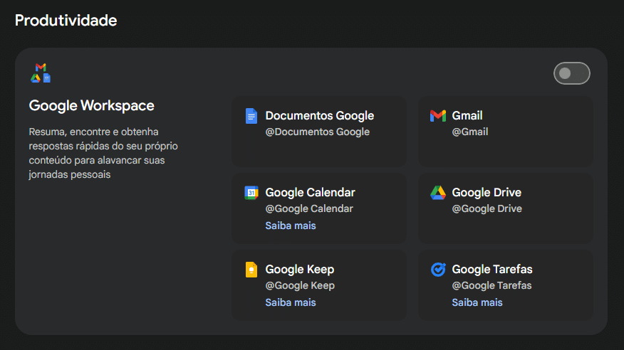 Tela do Gemini com as opções disponíveis para conectar a IA na área de produtividade, incluindo o Documentos Google, Gmail, Google Calendar, Google Drive, Google Keep, Google Tarefas e todo o workspace