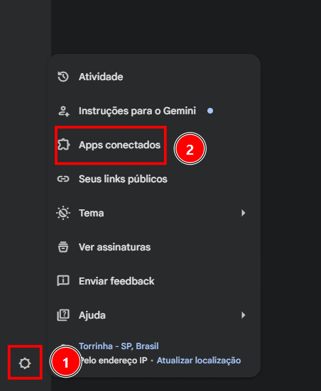 ![Imagem. Tela do Gemini com o botão de configuração em destaque e a opção Apps conectados também em destaque]