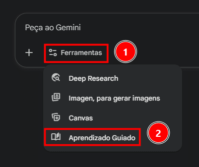 Tela do Gemini, com a opção Aprendizado Guiado em destaque dentro do menu de ferramentas