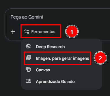 Tela do Gemini com a opção de criação de imagem em destaque dentro da aba de ferramentas