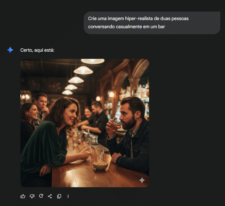 Tela do Gemini com o prompt Crie uma imagem hiper-realista de duas pessoas conversando casualmente em um bar e o resultado de uma imagem gerada com o Nano Banana
