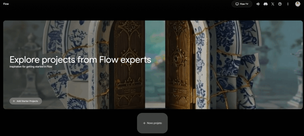 Tela inicial do Flow após o login com uma conta Google