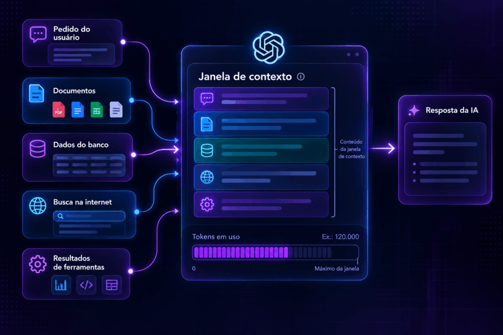 Janela de contexto da IA recebendo o pedido do usuário, documentos, dados e resultados de ferramentas