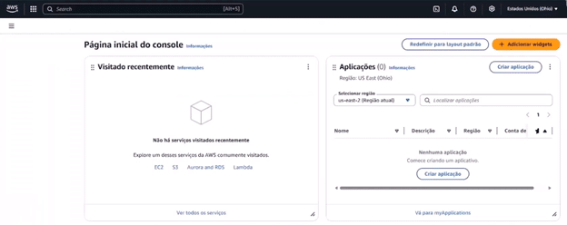 Página inicial do console da sua conta da AWS.