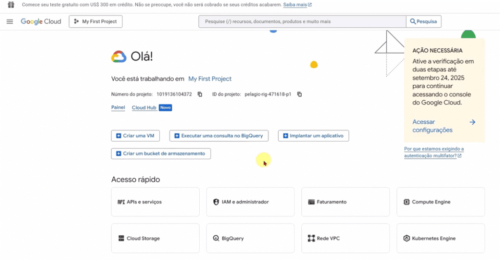 Uma captura da tela de configuração do projeto no Google Cloud Console.