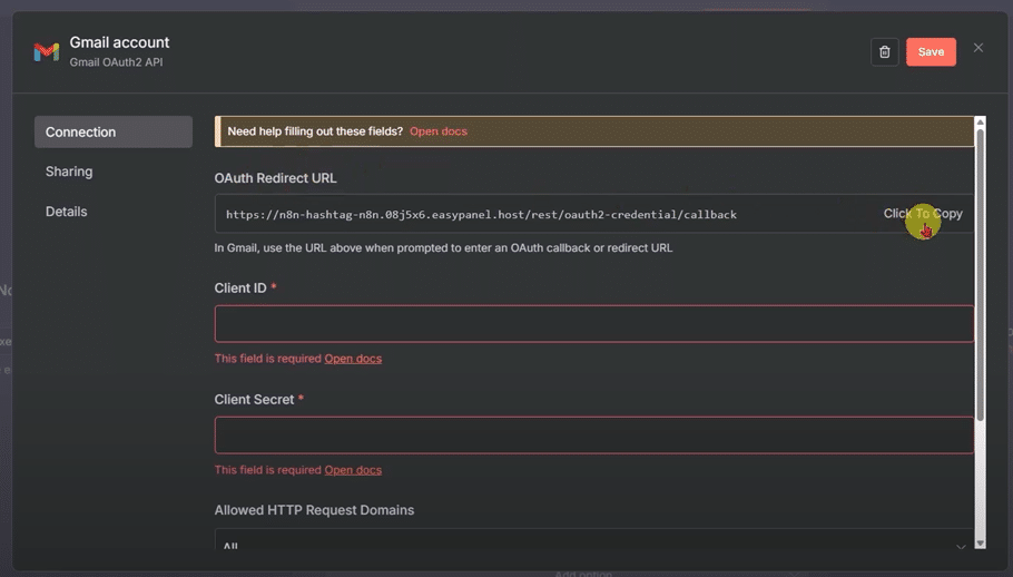 Uma captura da tela de criação de credenciais no Google Cloud Console, destacando o Client ID e Client Secret.