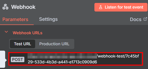 Tela de configurações de parâmetros do webhook no n8n