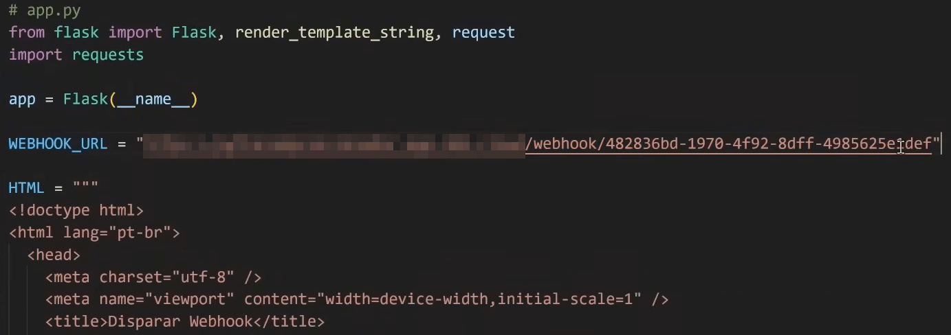 Tela de código do sistema Python com o código fornecido pelo nó de webhook do n8n aplicado