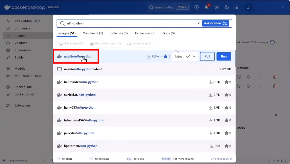 Tela de busca do Docker com o destaque para a imagem do naskio/n8n-python