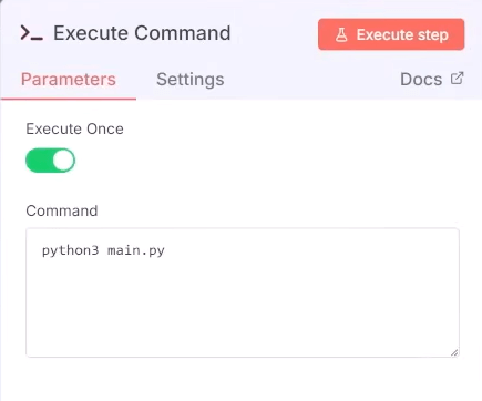 Configuração de parâmetros do nó Execute Commands com um comando para executar um arquivo main.py