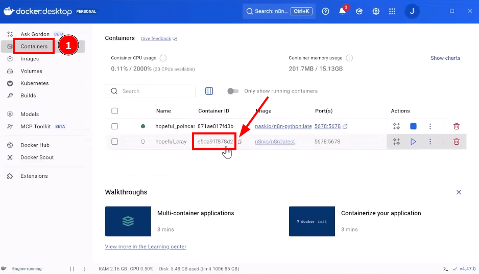 Tela do Docker na área de Container com o ID do container em destaque