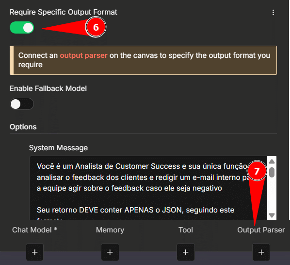 Interface de configuração mostrando a opção “Require Specific Output Format” ativada, marcada por uma chave verde destacada com o número 6. Abaixo, um aviso solicita conectar um “output parser” no canvas. Mais abaixo, na seção “Options”, aparece o campo “System Message” com texto rolável. Na parte inferior da tela, o botão “Output Parser” é destacado com o número 7