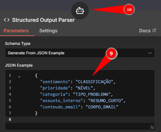 Tela do “Structured Output Parser” exibindo a aba “Parameters”. O campo “Schema Type” está configurado como “Generate From JSON Example”. Abaixo, há um bloco de código com um exemplo de JSON destacado pelo marcador 9. Na parte superior, um ícone de robô está destacado com o marcador 10