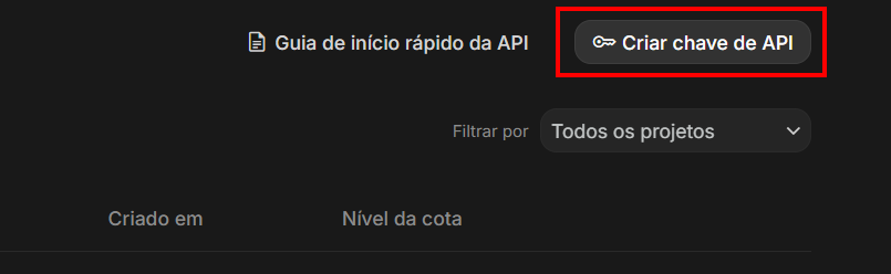 Interface da página de gerenciamento de chaves de API do AI Studio, com destaque para um botão cinza no canto superior direito escrito “Criar chave de API”, acompanhado de um ícone de chave
