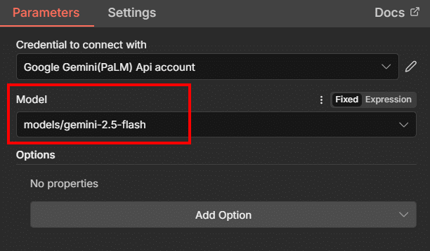 Tela de configuração do bloco Google Gemini Chat Model mostrando a seção “Model”, destacada por um retângulo vermelho