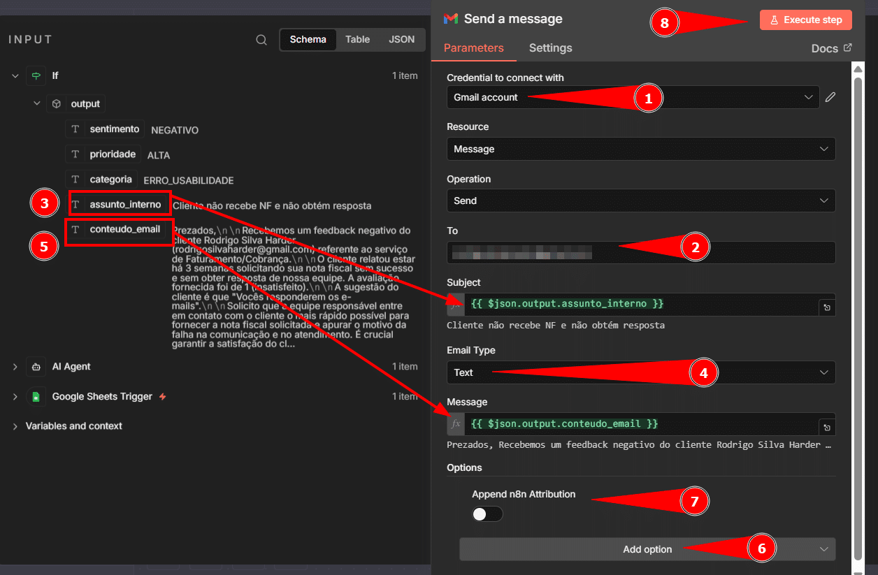 Tela de configuração do bloco Send a message do Gmail. À esquerda, os dados de entrada contendo os campos assunto_interno e conteudo_email, destacados. À direita, a configuração do nó Send a message do Gmail, onde são selecionados: a credencial, o campo To, Subject, Email Type, Message, o botão add option e a opção append to attribution desabilitada todos em destaque. No topo direito, o botão Execute step em destaque