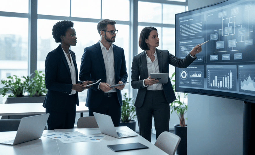 Equipe corporativa participando de treinamento em inteligência artificial para melhorar processos e produtividade