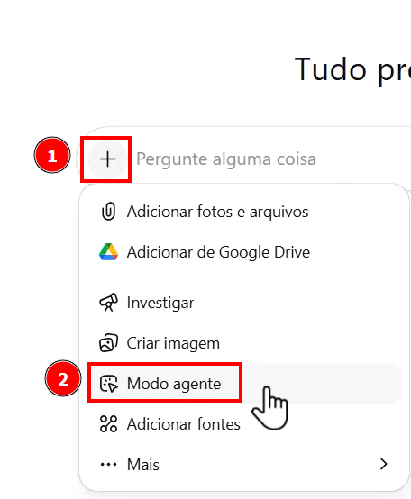 Tela do ChatGPT com o ícone de adição e a opção Modo agente em destaque