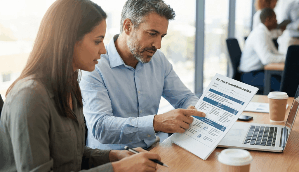 líder e colaborador analisando um Plano de Desenvolvimento Individual com metas e habilidades