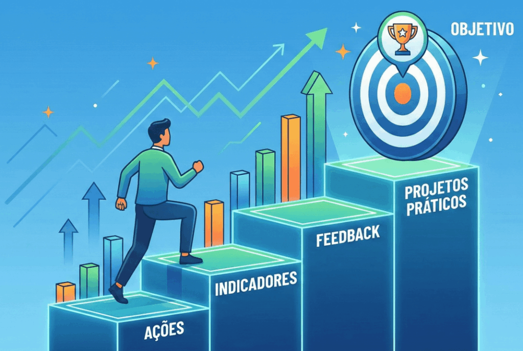representação visual de evolução profissional com ações e indicadores que aumentam a eficácia do PDI