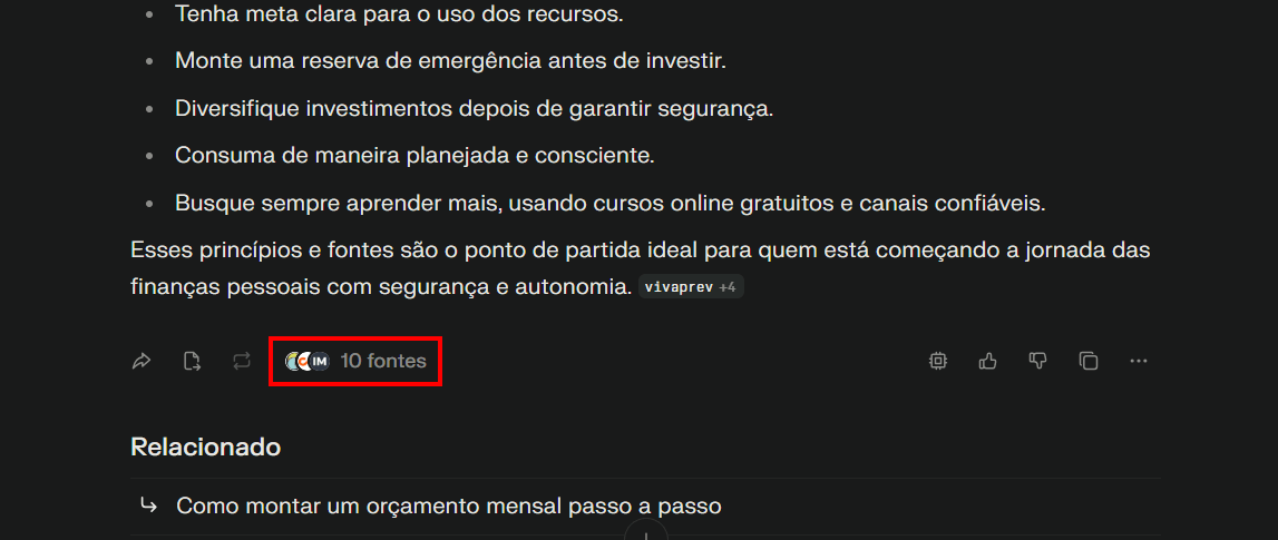 Tela do Perplexity após inserir o prompt acima com destaque para a aba de fontes