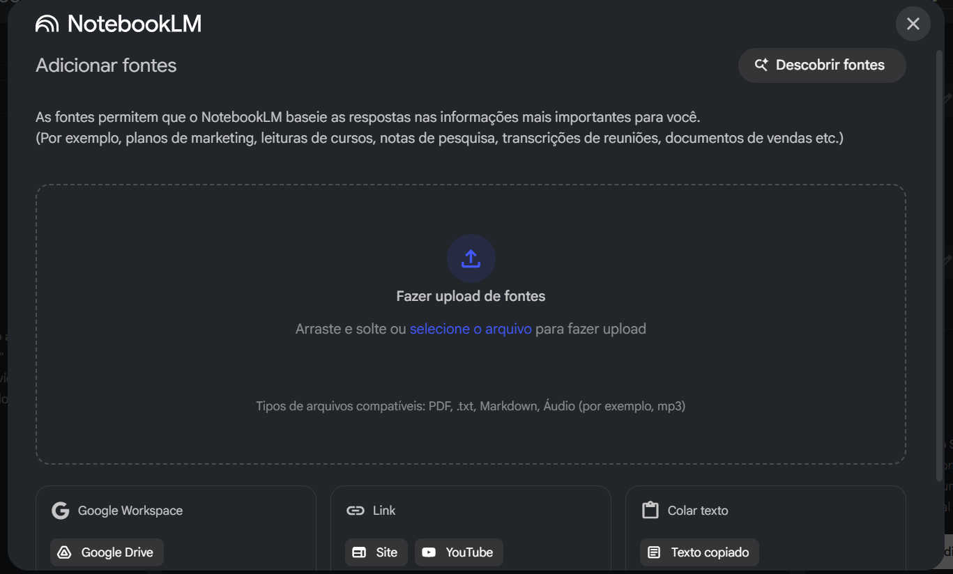 Tela para adicionar as fontes para permitir que o NotebookLM baseie as respostas