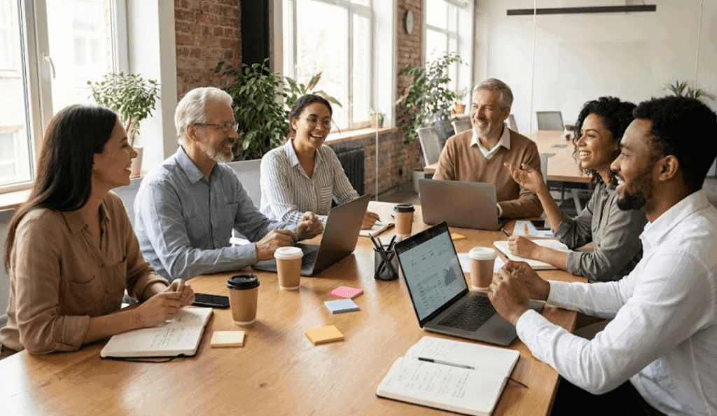 Cena de trabalho realista e colaborativa:
pessoas em reunião informal, troca de ideias, quadro branco, conversa próxima.