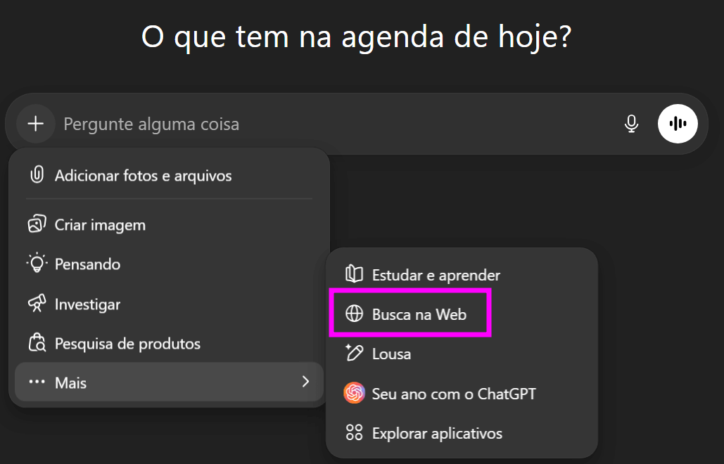 Captura de tela da interface do ChatGPT em português mostrando o menu lateral aberto, com a opção ‘Busca na Web’ destacada em um retângulo rosa