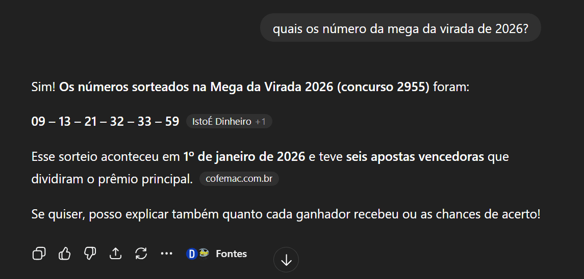 Captura de tela de uma conversa no ChatGPT mostrando a pergunta ‘quais os números da mega da virada de 2026?’ e a resposta listando os números sorteados 09, 13, 21, 32, 33 e 59, com menção ao concurso 2955 e à data de 1º de janeiro de 2026