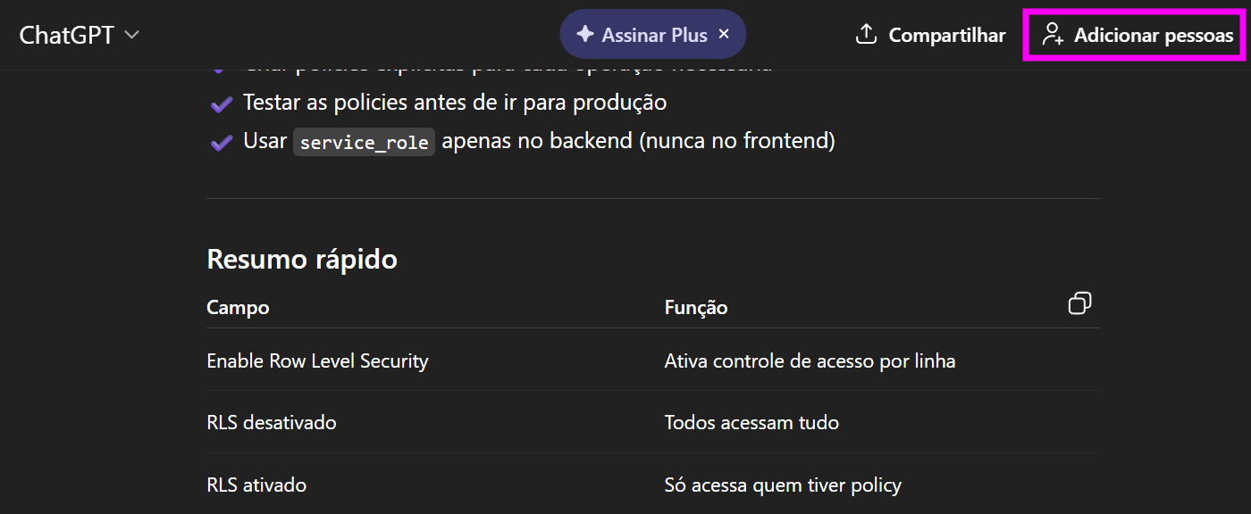 Captura de tela do ChatGPT em modo escuro mostrando a seção ‘Resumo rápido’ sobre Row Level Security (RLS) no Supabase, com uma tabela de campos e funções e o botão ‘Adicionar pessoas’ destacado no canto superior direito