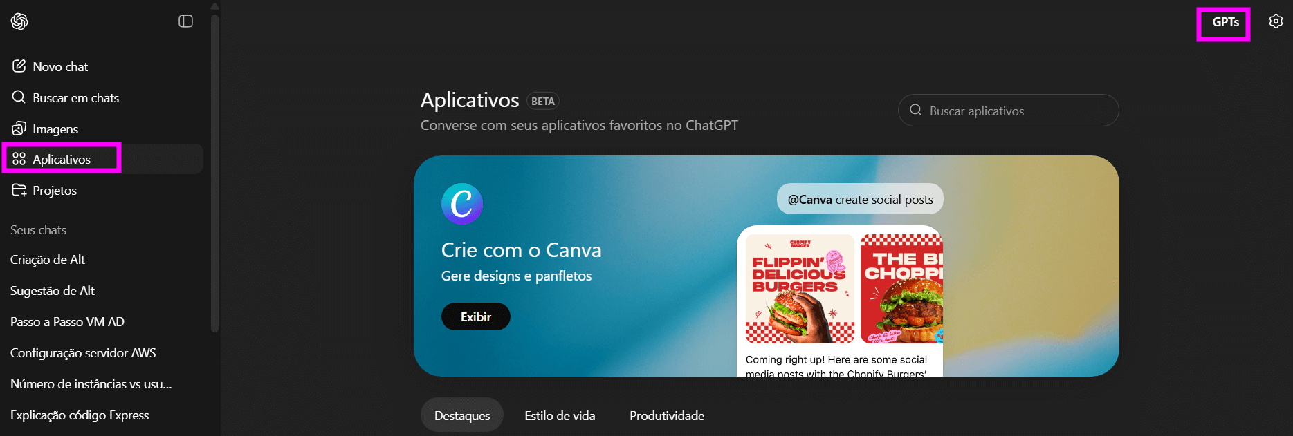 Captura de tela da interface do ChatGPT na aba Aplicativos (Beta), com o menu lateral à esquerda destacando a opção ‘Aplicativos’ e, no centro, um card ‘Crie com o Canva’ para gerar designs e panfletos