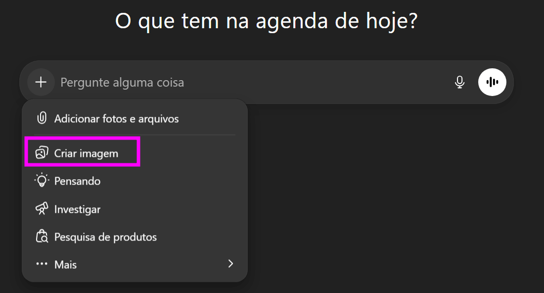 Interface do ChatGPT com o menu de ações aberto, destacando a opção ‘Criar imagem’ em um contorno rosa