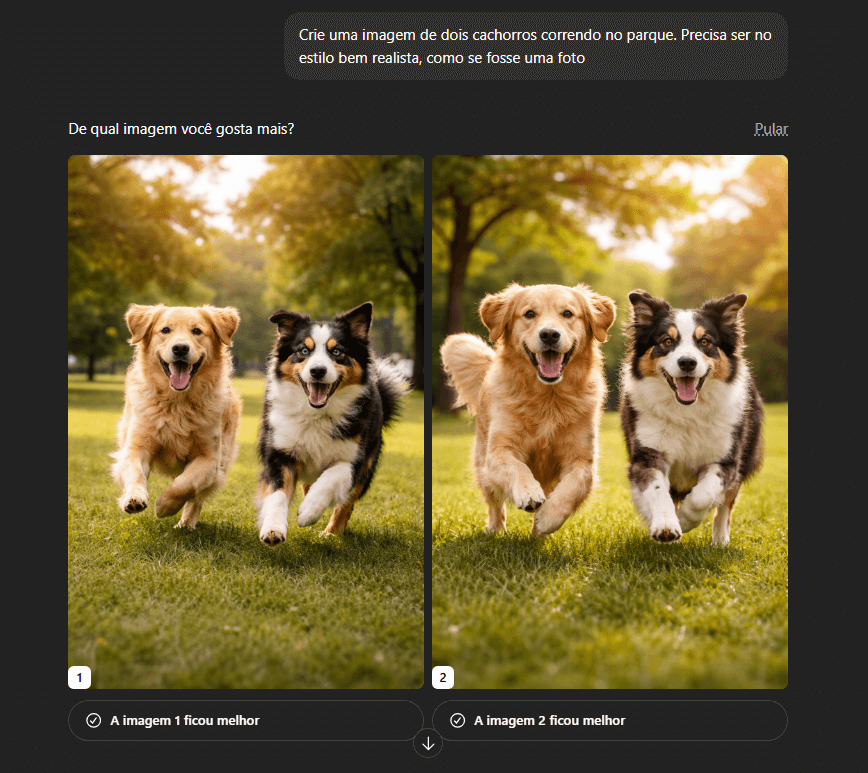 Tela do ChatGPT com uma comparação de duas fotos realistas de dois cachorros correndo lado a lado em um parque verde, com árvores ao fundo e luz natural de fim de tarde