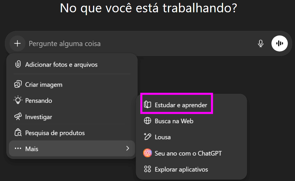 Interface do ChatGPT em modo escuro mostrando o menu “Mais” aberto, com a opção “Estudar e aprender” destacada por um retângulo rosa