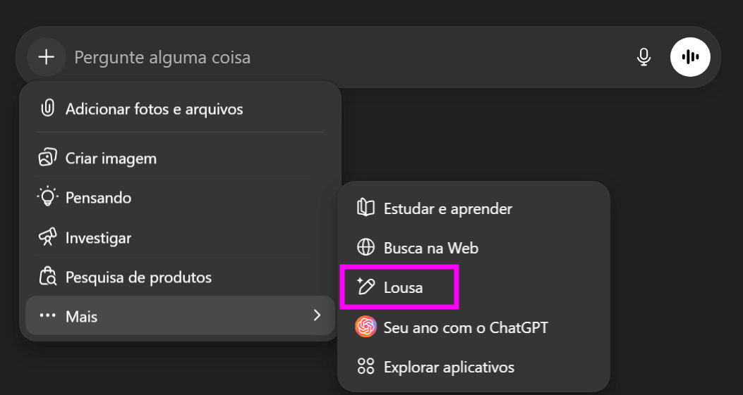 Interface do ChatGPT em modo escuro mostrando o menu de opções aberto; a opção “Lousa” está destacada com um contorno rosa, ao lado de outras opções como “Estudar e aprender”, “Busca na Web” e “Seu ano com o ChatGPT”