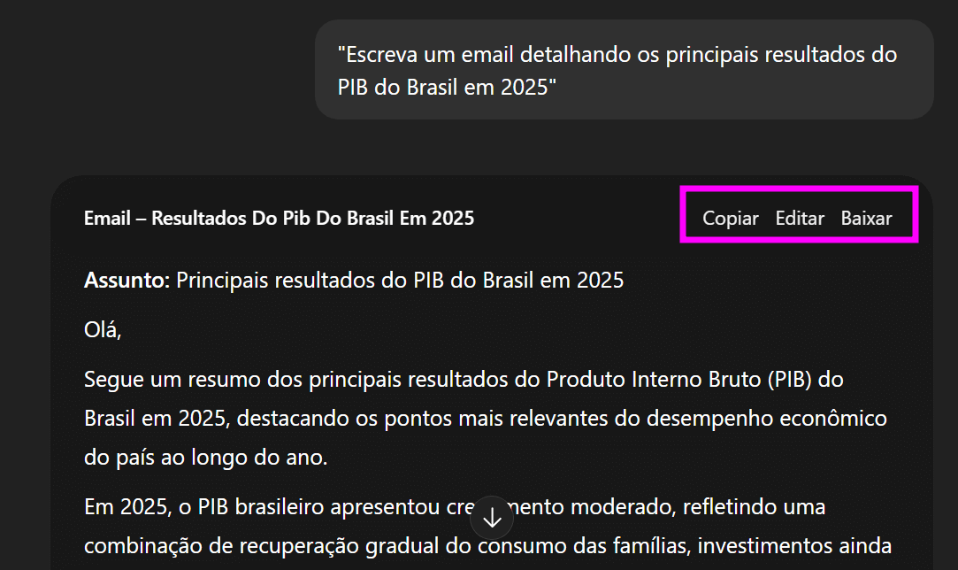Tela do ChatGPT em modo escuro exibindo um email intitulado “Resultados do PIB do Brasil em 2025”; à direita do documento aparecem os botões “Copiar”, “Editar” e “Baixar”, destacados por um contorno rosa