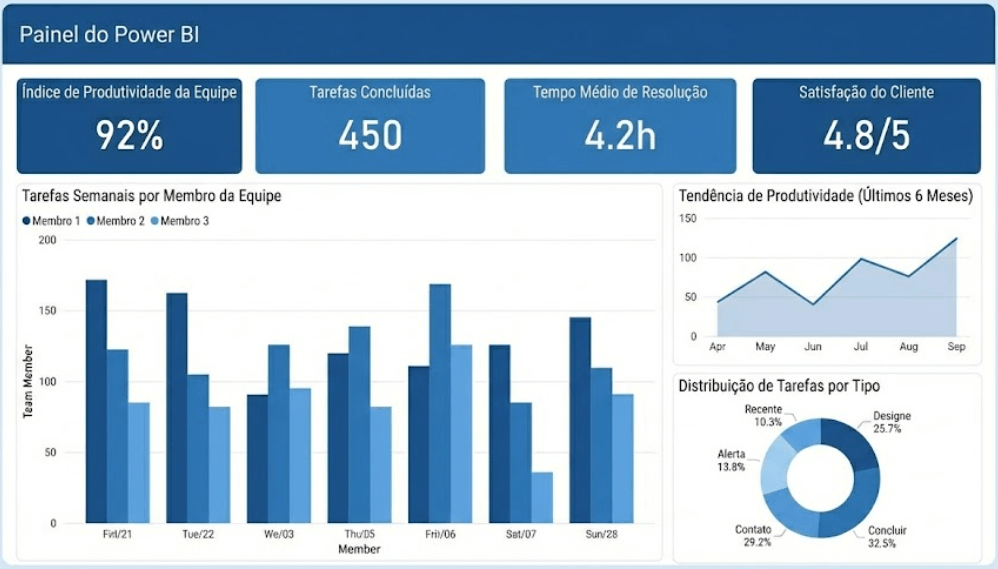 Exemplo de dashboard no Power BI para equipes e gestores